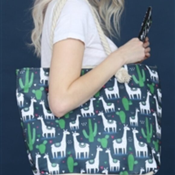 Llama & Cactus / Heart Tote & Zip Pouch/Wallet - Navy/ White/Green - NWT - Picture 4 of 9